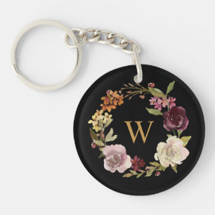 Florales Wasserfarben-Kranz-Monogramm Schwarz Schlüsselanhänger