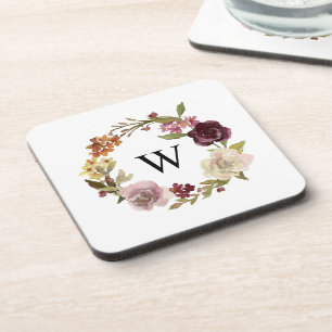 Florales Wasserfarben-Kranz-Monogramm Weiß Getränkeuntersetzer
