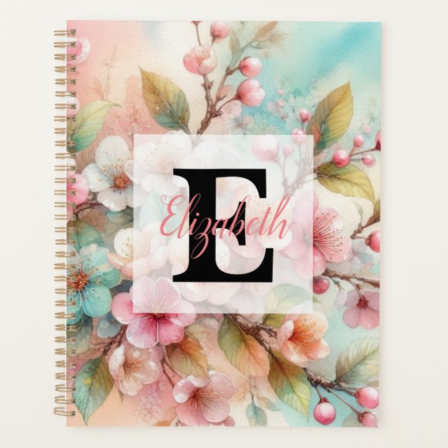 Florales Wasserfarben-Monogramm rosa Kirschblüten  Planer (Vorderseite)