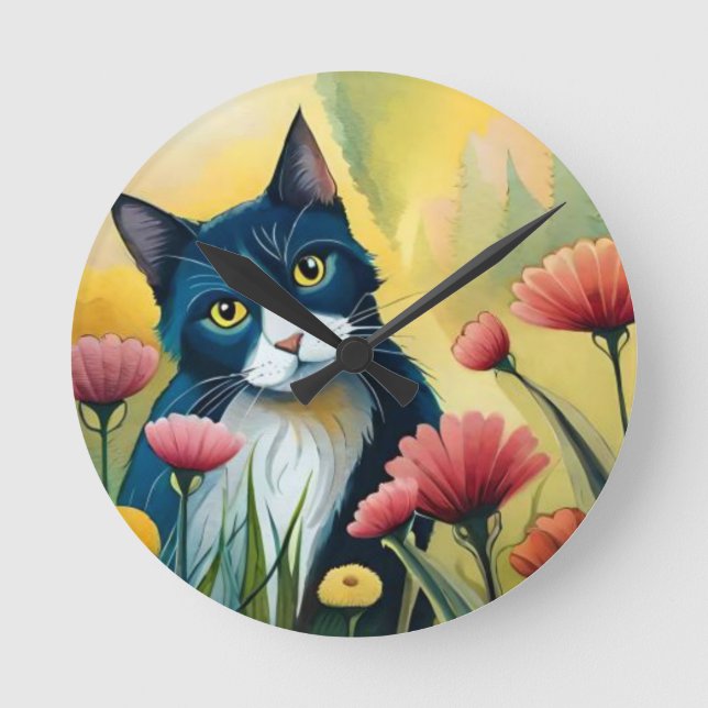 FLoralkatze Runde Wanduhr (Vorderseite)