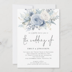 Florals 3 Fotos QR Code Dusty Blue Wedding Einladung