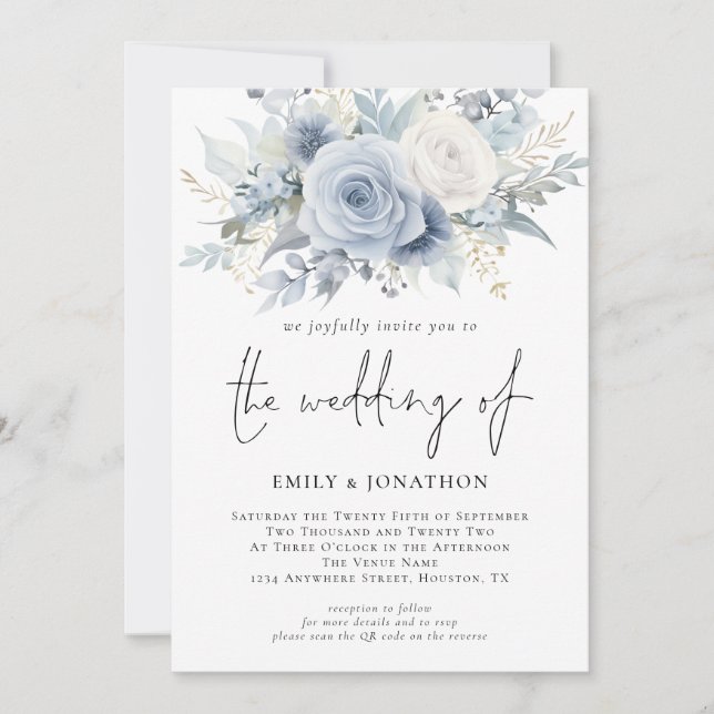 Florals 3 Fotos QR Code Dusty Blue Wedding Einladung (Vorderseite)