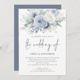 Florals 3 Fotos QR Code Dusty Blue Wedding Einladung