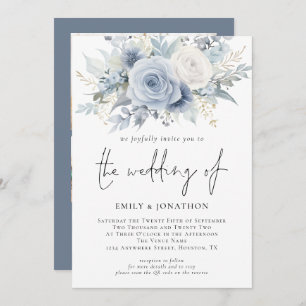 Florals 3 Fotos QR Code Dusty Blue Wedding Einladung