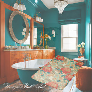 Florals Aquamarin, Peach, Aquamarin mit Ornates Badematte