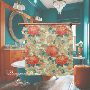 Florals Aquamarin, Peach, Aquamarin mit Ornates Duschvorhang