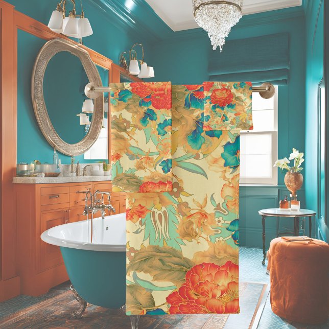 Florals Aquamarin, Peach, Aquamarin mit Ornates Ha Badhandtuch Set (Von Creator hochgeladen)