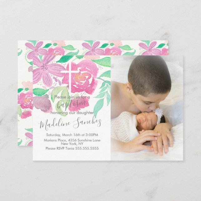 Florals-Aquarell-Taufe Einladung (Vorne/Hinten)