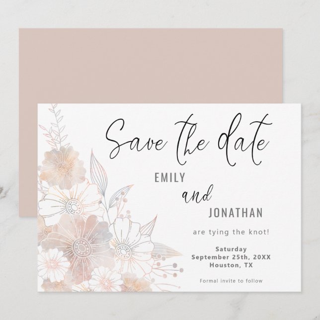 Florals Blush Peach Gray Wedding Save the Date (Vorne/Hinten)