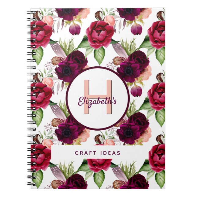Florals burgundy craft ideas monogram notizblock (Vorderseite)