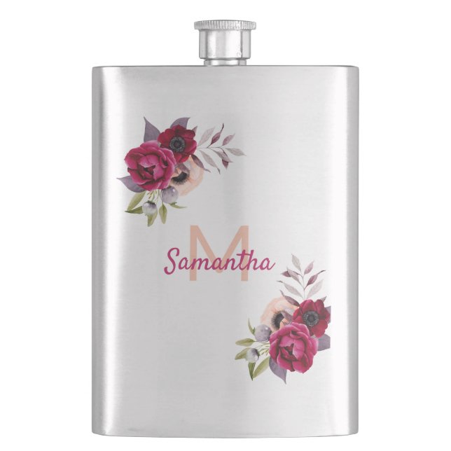 Florals burgundy name monogram flachmann (Vorderseite)