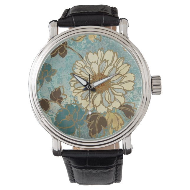 Florals in Blau und Weiß dekoriert Armbanduhr (Vorderseite)
