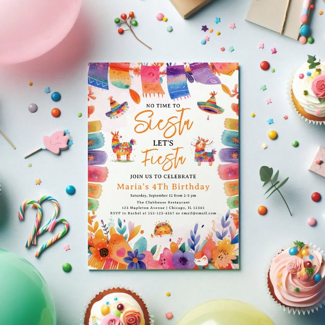 Florals mexikanisch, keine Zeit für Siesta Geburts Einladung ( Florals Mexican, No time to Siesta, Let's Fiesta, Birthday Girl Party Invitation)