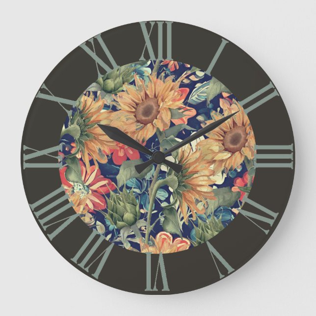 Florals mit Grenzen Große Wanduhr (Vorderseite)