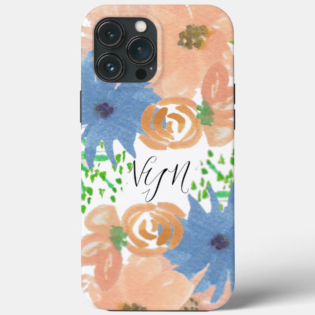 Florals Peach Blue Mit Monogramm Case-Mate iPhone Hülle (Rückseite)