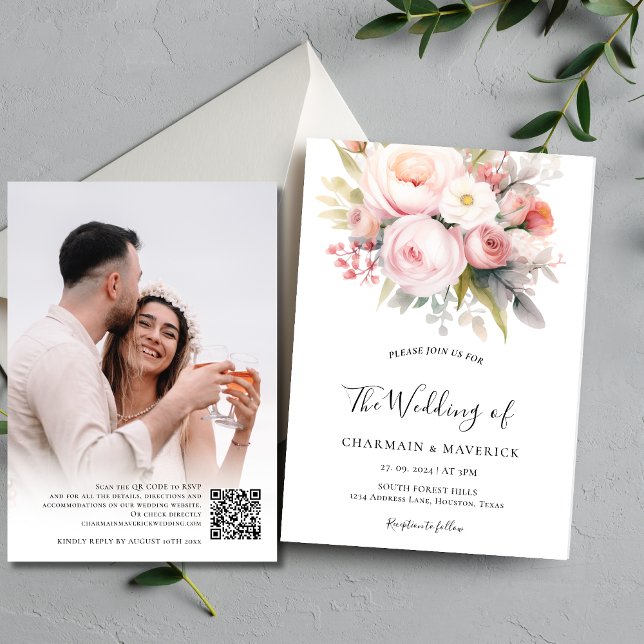 Florals Pink Foto Overlay QR Code Hochzeit Einladung (Von Creator hochgeladen)
