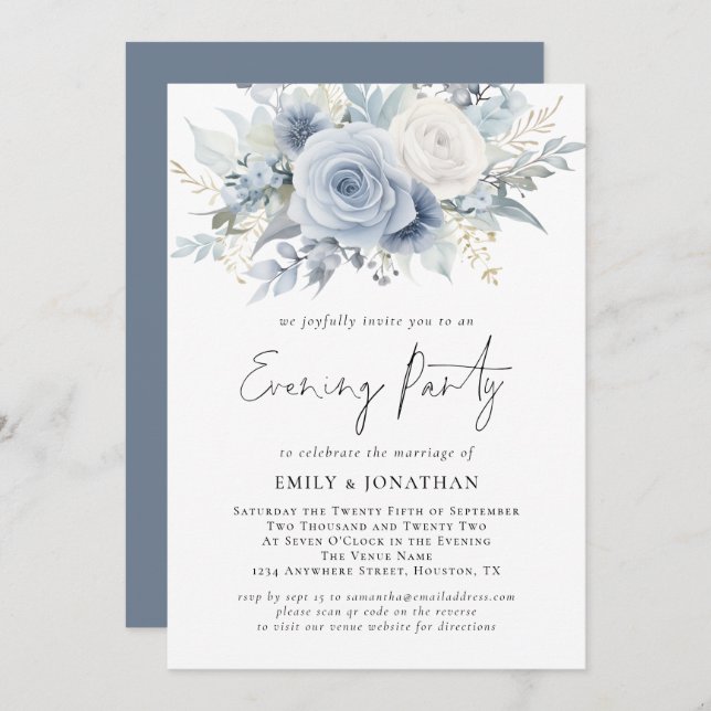 Florals QR Code Dusty Blue Wedding Abend Party Einladung (Vorne/Hinten)
