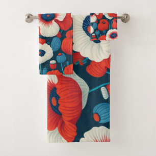 Florals Red, White, Blue Poppies Badhandtuch Set