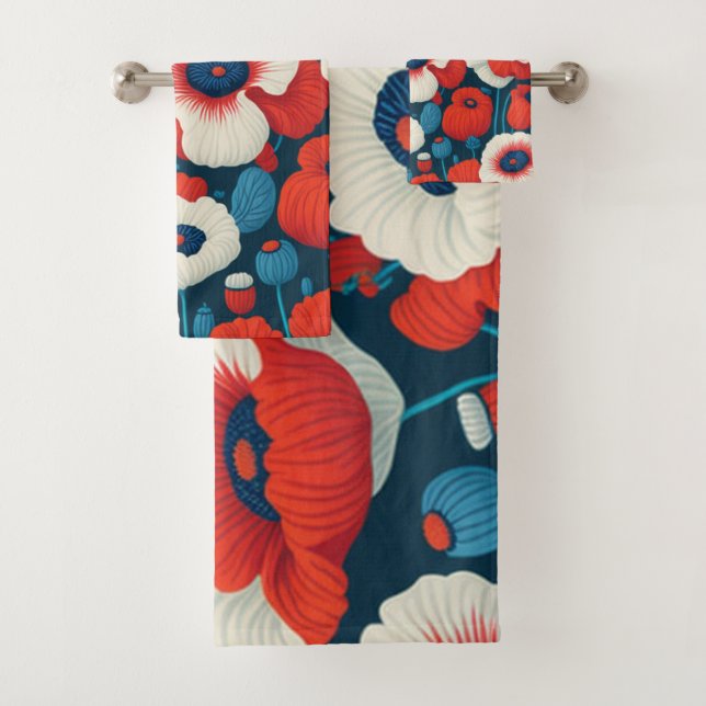 Florals Red, White, Blue Poppies Badhandtuch Set (Insitu)