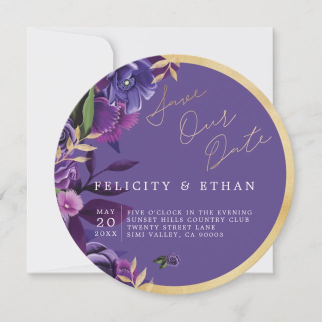 Florals Ultra-Violet & Gold-Hochzeit retten das Da Save The Date (Vorderseite)