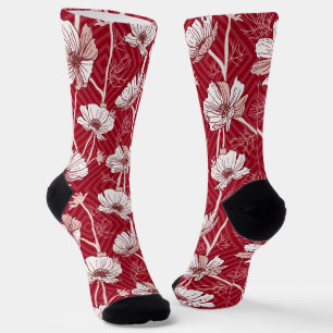 Florals White mit rotem Hintergrund Socken