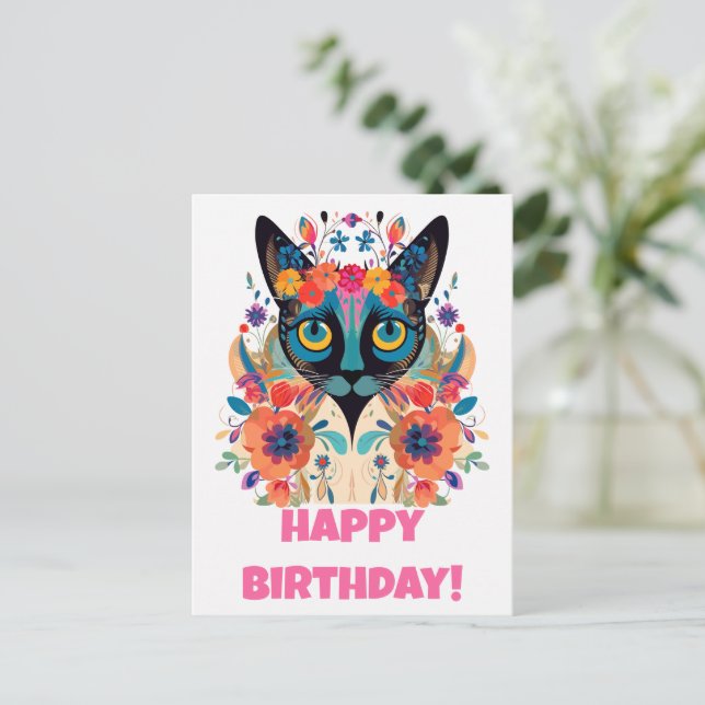 FloralSiamese Cat Postcard: Happy Birthday Edition Postkarte (Stehend Vorderseite)