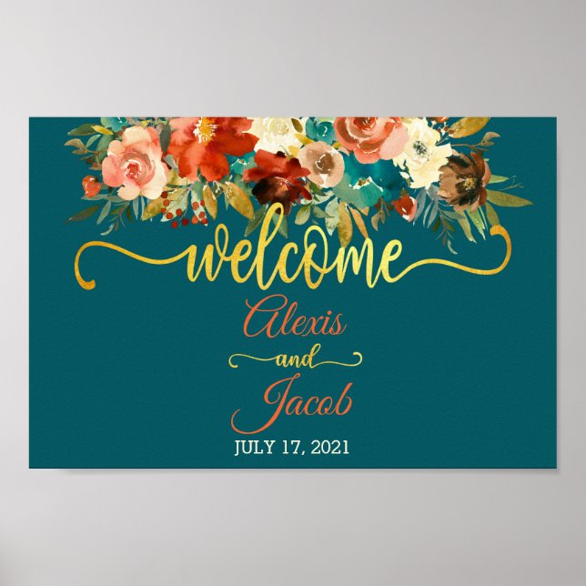 FloralWedding Willkommenszeichen - Aquamarin & ora Poster (Vorne)