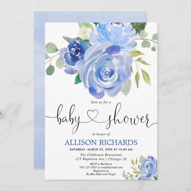 Florblau grüne elegante Babydusche Einladung (Vorne/Hinten)