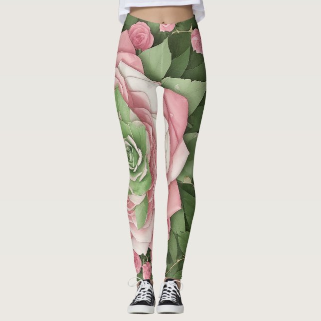 Floreado de Hojas Verdes y Flores Rosas Leggings (Vorderseite)