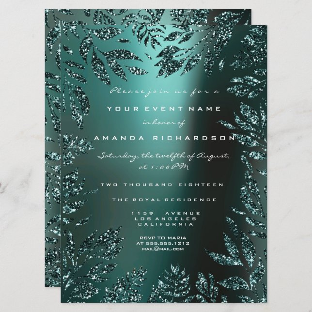 Florenblättern Gerahmter Glitzer Aquamarines Wasse Einladung (Vorne/Hinten)