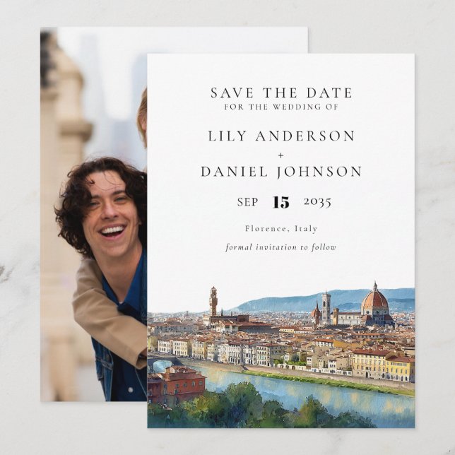 Florence Skyline Aquarell-Foto-Hochzeit Save The Date (Vorne/Hinten)