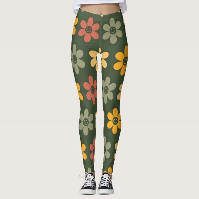 Florenmuster im Retro-Muster auf grünem Hintergrun Leggings (Vorderseite)