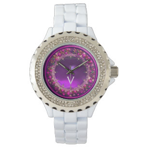 FLORENTINE PINK FLORAL CROWN LILA GEM MONOGRAM ARMBANDUHR