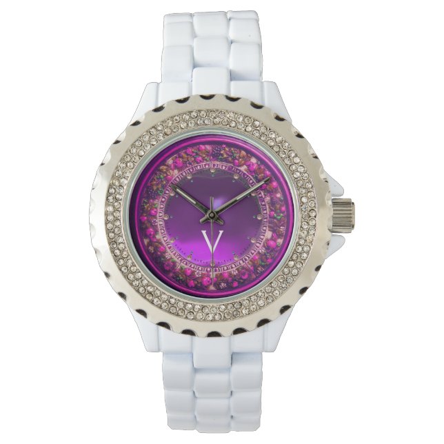 FLORENTINE PINK FLORAL CROWN LILA GEM MONOGRAM ARMBANDUHR (Vorderseite)