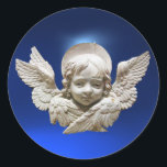 FLORENTINE RENAISSANCE ANGEL Blue White Christmas Runder Aufkleber<br><div class="desc">Elegantes Vintages Design,  klassisches Meisterwerk der Renaissance aus Bottega della Robbia ( Florenz - Italien ) mit einem leuchtenden 3D-Gem-Stein.</div>