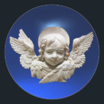 FLORENTINE RENAISSANCE ANGEL Blue White Christmas Runder Aufkleber<br><div class="desc">Elegantes Vintages Design,  klassisches Meisterwerk der Renaissance aus Bottega della Robbia ( Florenz - Italien ) mit einem leuchtenden 3D-Gem-Stein.</div>