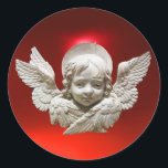 FLORENTINE RENAISSANCE ANGEL Red White Christmas Runder Aufkleber<br><div class="desc">Elegantes Vintages Design,  klassisches Meisterwerk der Renaissance aus Bottega della Robbia ( Florenz - Italien ) mit einem leuchtenden 3D-Gem-Stein.</div>