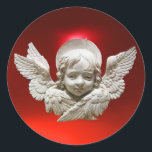 FLORENTINE RENAISSANCE ANGEL Red White Christmas Runder Aufkleber<br><div class="desc">Elegantes Vintages Design,  klassisches Meisterwerk der Renaissance aus Bottega della Robbia ( Florenz - Italien ) mit einem leuchtenden 3D-Gem-Stein.</div>