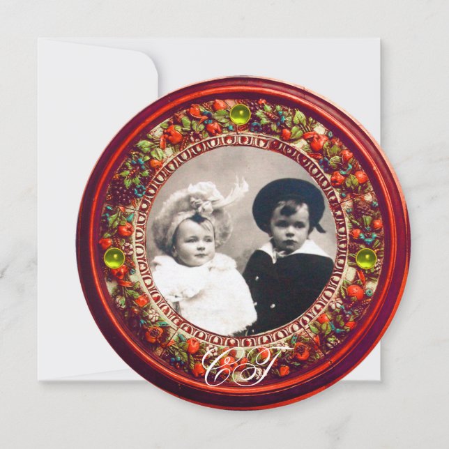 FLORENTINE RENAISSANCE RED FLORAL CROWIN MONOGRAMM EINLADUNG (Vorderseite)