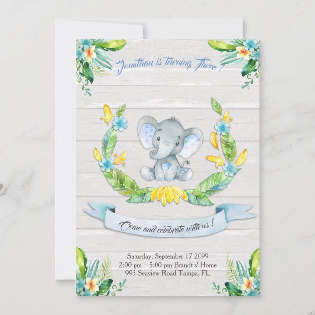 Florenwasserfarbe Elefant Invitation, Baby Boy 3 Einladung (Vorderseite)