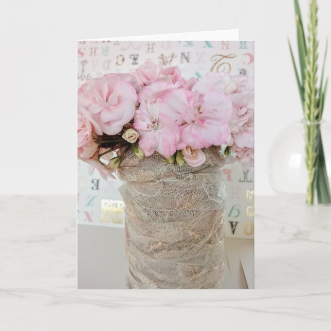 Flores geranio rosa en bote de cristal con encaje karte (Vorderseite)