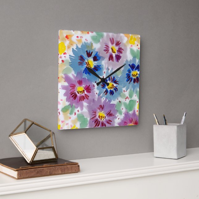 Flores violetas  quadratische wanduhr (Büro)