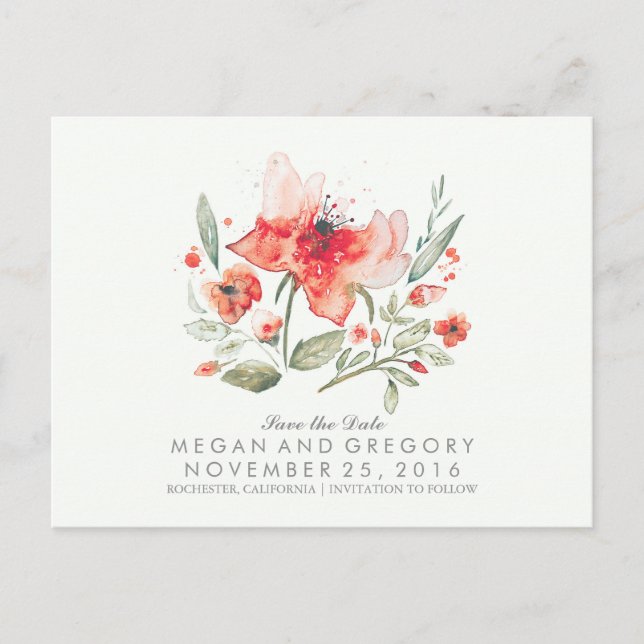 florfarbenes Aquarell Save the Date elegant Ankündigungspostkarte (Vorderseite)