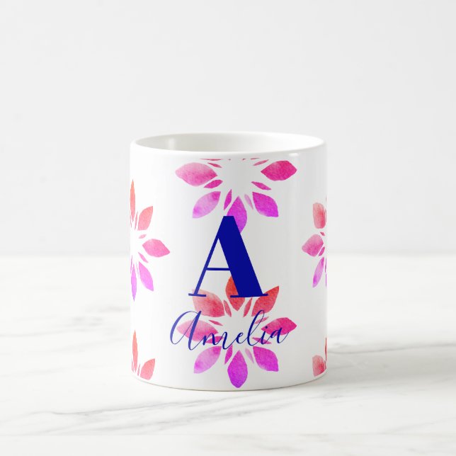 Florfarbenes Retro-Muster für Monogramm, Hot Pink Kaffeetasse (Mittel)