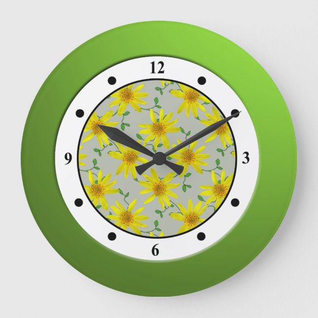 Florgelbe Wildblume Moderne Ziffern Große Wanduhr (Vorderseite)
