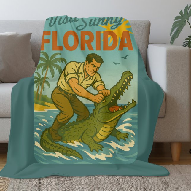 Florida Alligator Wrestling | Lustiges Retro-Küste Fleecedecke (Von Creator hochgeladen)