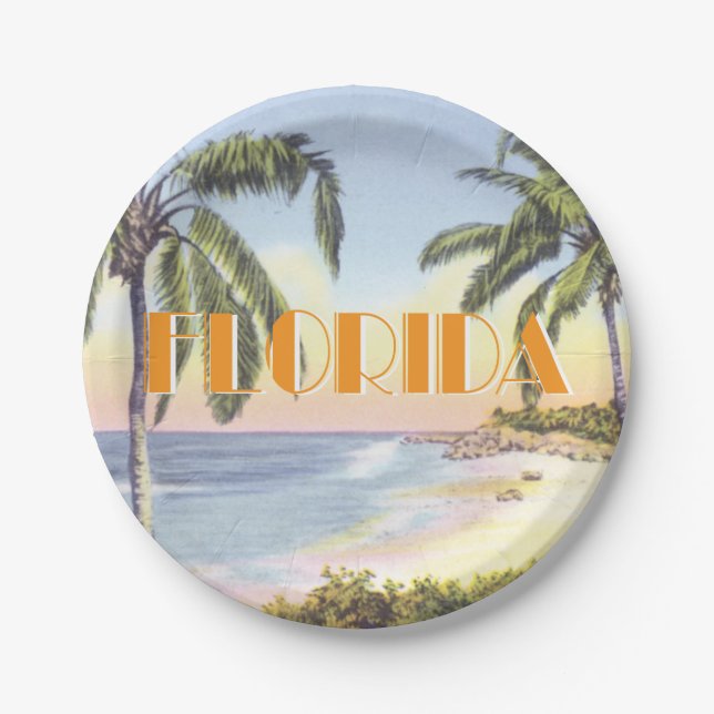 Florida Beach Scene Vintager Stil Pappteller (Vorderseite)