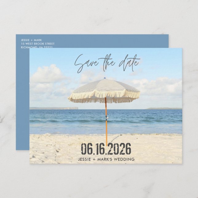 Florida Beach Umbrellw Wedding Save the Date Ankündigungspostkarte (Vorne/Hinten)