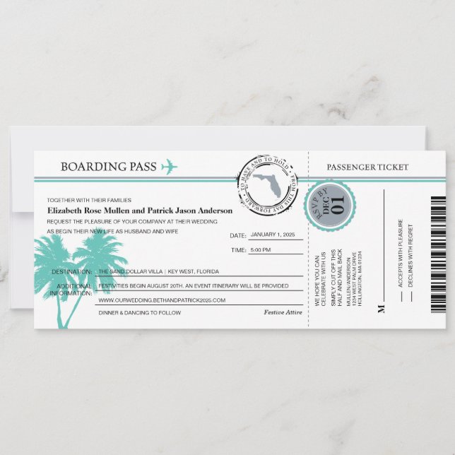 Florida Boarding Pass Hochzeit Einladung (Vorderseite)