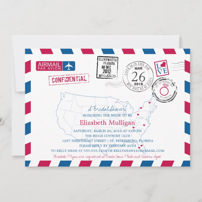 Florida Brautparty | USA Map Airmail Einladung (Vorderseite)